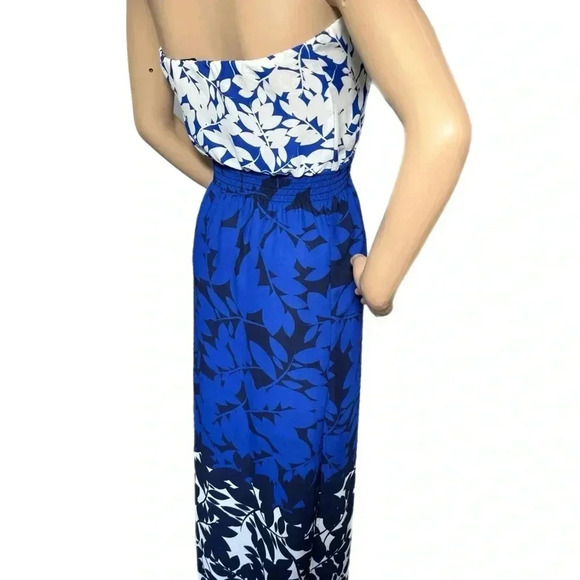 AQUA Blue Navy Floral Long Strapless Boho Slit Maxi Dress Smocked Size XS - Picture 5 of 10